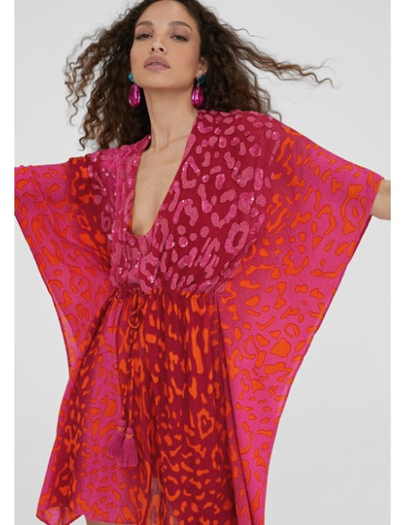 KAFTAN-ESTAMPADO-PINK-NARANJA-ROSA-MANGAS.MURCIÉLAFO-CORDÓN-AJUSTAR-PIEDRAS.FRONTAL-LOLA-CASADEMUNT