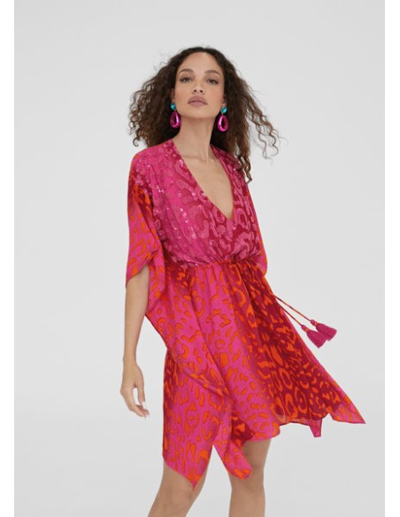 KAFTAN-ESTAMPADO-PINK-NARANJA-ROSA-MANGAS.MURCIÉLAFO-CORDÓN-AJUSTAR-PIEDRAS.FRONTAL-LOLA-CASADEMUNT