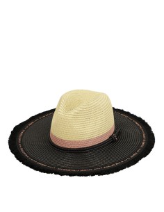 SOMBRERO-RAFIA-COMBINADO-NEGRO-BEIGE-SALMÓN-CINTA-POLIPIEL-ALA-ANCHA-FLECOS-FRASES-ANEKKE 2