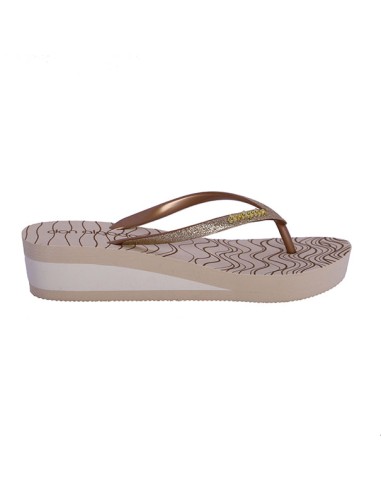 CHANCLAS-AGUA-PLATAFORMA-BEIGE-BLANCO-TIRA-DEDO-PURPURINA-DORADA-LEONOR-DON-ALGODÓN