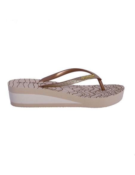 CHANCLAS-AGUA-PLATAFORMA-BEIGE-BLANCO-TIRA-DEDO-PURPURINA-DORADA-LEONOR-DON-ALGODÓN
