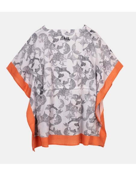 VESTIDO-CAFTÁN-AZUL-MARINO-NARANJA-CORDÓN-AJUSTABLE-CUELLO-PICO-MANGA-CORTA-PSICODELIC-PEACE&LOVE-ANEKKE