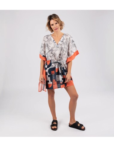 VESTIDO-CAFTÁN-AZUL-MARINO-NARANJA-CORDÓN-AJUSTABLE-CUELLO-PICO-MANGA-CORTA-PSICODELIC-PEACE&LOVE-ANEKKE