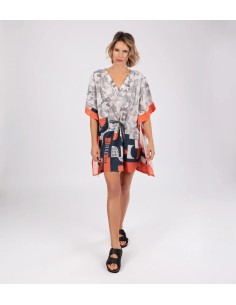 VESTIDO-CAFTÁN-AZUL-MARINO-NARANJA-CORDÓN-AJUSTABLE-CUELLO-PICO-MANGA-CORTA-PSICODELIC-PEACE&LOVE-ANEKKE
