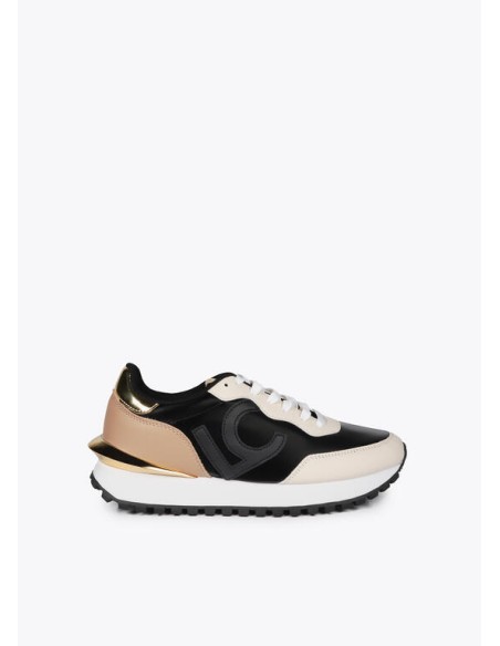 SNEAKERS-NEGRAS-COMBINADAS-BEIGE-MARRÓN-DETALLES-DORADOS-CORDONES-DOS COLORES-LOLA-CASADEMUNT