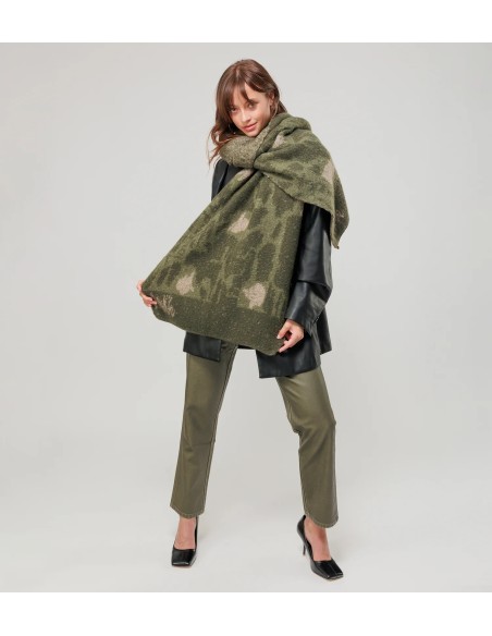 BUFANDA-ANCHA-VERDE-DIBUJOS-BEIGE-ANEKKE