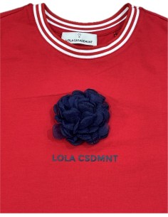 CAMISETA-ROJA-MANGA.CORTA-CUELLO-REDONDO-FLOR-MARINO-RIBETE-BLANCO-LOLA-CASADEMUNT 2