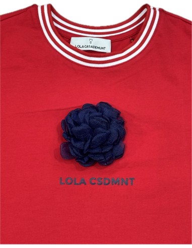 CAMISETA-ROJA-MANGA.CORTA-CUELLO-REDONDO-FLOR-MARINO-RIBETE-BLANCO-LOLA-CASADEMUNT