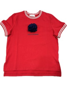CAMISETA-ROJA-MANGA.CORTA-CUELLO-REDONDO-FLOR-MARINO-RIBETE-BLANCO-LOLA-CASADEMUNT