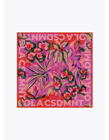 PAÑUELO-SATINADO-CUADRADO-ESTAMPADO-FLORES-TROPICALES-LOGOTIPADO-LOLA-CASADEMUNT