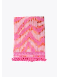 PAREO-PAÑUELO-ESTAMPADO-CEBRA-ROSA-AMARILLO-POMPONES-LOLA-CASADEMUNT 2