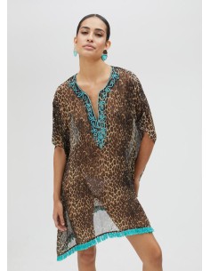 VESTIDO-CAMISERO-PRINT-MARRÓN-NEGRO-PIEDRECITAS-TURQUESA-LOLA-CASADEMUNT 2