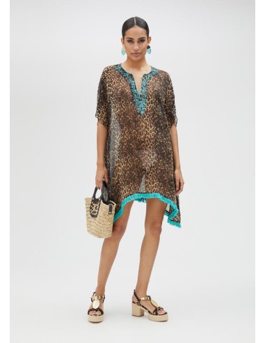 VESTIDO-CAMISERO-PRINT-MARRÓN-NEGRO-PIEDRECITAS-TURQUESA-LOLA-CASADEMUNT