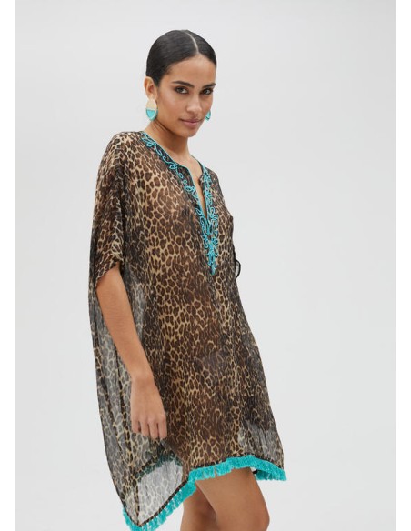 VESTIDO-CAMISERO-PRINT-MARRÓN-NEGRO-PIEDRECITAS-TURQUESA-LOLA-CASADEMUNT VESTIDO-CAMISERO-PRINT-MARRÓN-NEGRO-PIEDRECITAS-TURQUESA-LOLA-CASADEMUNT