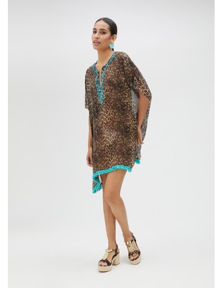 VESTIDO-CAMISERO-PRINT-MARRÓN-NEGRO-PIEDRECITAS-TURQUESA-LOLA-CASADEMUNT VESTIDO-CAMISERO-PRINT-MARRÓN-NEGRO-PIEDRECITAS-TURQUESA-LOLA-CASADEMUNT