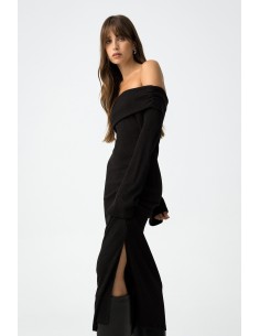 VESTIDO-NEGRO-LARGO-AJUSTADO-CANALÉ-CUELLO-BARCA-RUST-TIFFOSI 2