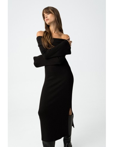 VESTIDO-NEGRO-LARGO-AJUSTADO-CANALÉ-CUELLO-BARCA-RUST-TIFFOSI