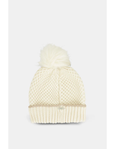 GORRO-BEIGE-POMPÓN-LOGOTIPADO-DETALLE-BRILLO-LÚREX-ANEKKE 2