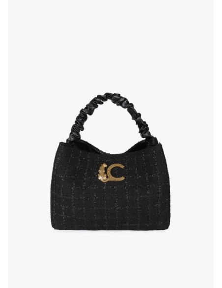 BOLSO-TWEED-NEGRO-LOGO-LEOPARDP-CIERRE-IMÁN-TIPO-SACO-CORDÓN-LOLA-CASADEMUNT