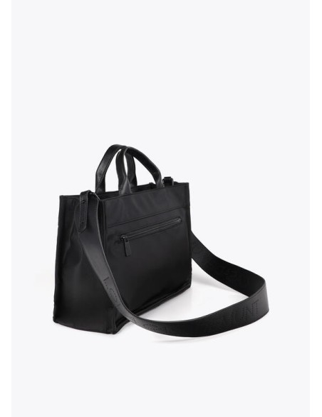 BOLSO-NEGRO-COMBINADO-NYLON-EFECTO-PIEL-DOS-ASAS-MANO-ASA-BANDOLERA-COMPARTIMENTO-FRONTAL-LOLA-CASADEMUNT