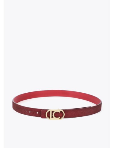 CINTURÓN-REVERSIBLE-EFECTO-SERPIENTE-BURDEOS-EFECTO-PIEL-ROJO-HEVILLA-LOGO-DORADO-OVALADO.-LOLA-CASADEMUNT
