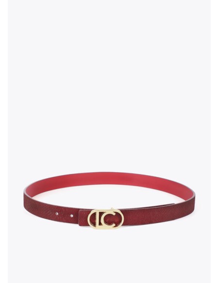 CINTURÓN-REVERSIBLE-EFECTO-SERPIENTE-BURDEOS-EFECTO-PIEL-ROJO-HEVILLA-LOGO-DORADO-OVALADO.-LOLA-CASADEMUNT