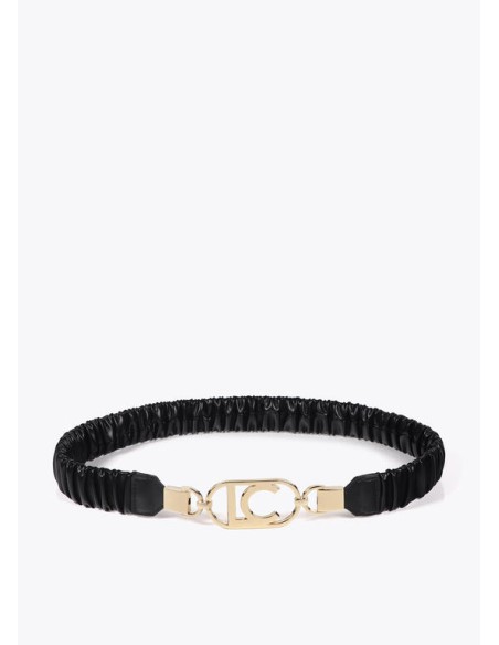 CINTURÓN-NEGRO-ELÁSTICO-EFECTO-PIEL-HEBILLA-DORADA-LOGO-OVALADO-LOLA-CASADEMUNT