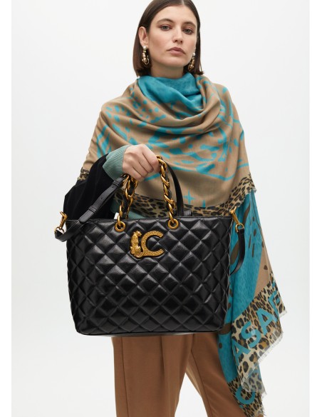 SHOPPER-NEGRO-ACOLCHADO-ASAS-MANO-COMBINADAS-ASA-BANDOLERA-EXTRAÍBLE-LOGO-DORADO-LEOPARDO-LOLA-CASADEMUNT