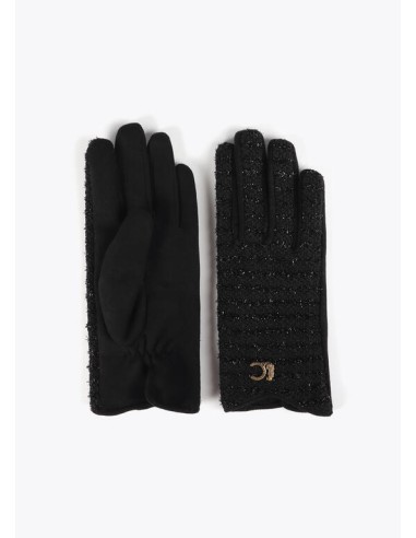 GUANTES-NEGRO-TWEED-AJUSTADO-LOGO-DORADO-LOLA-CASADEMUNT