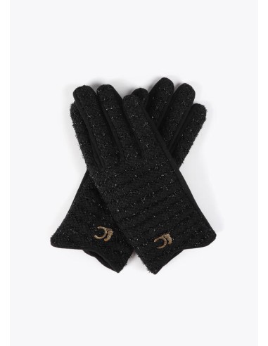 GUANTES-NEGRO-TWEED-AJUSTADO-LOGO-DORADO-LOLA-CASADEMUNT