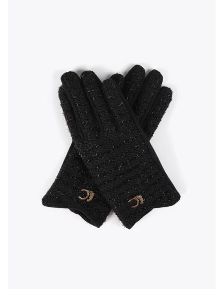 GUANTES-NEGRO-TWEED-AJUSTADO-LOGO-DORADO-LOLA-CASADEMUNT