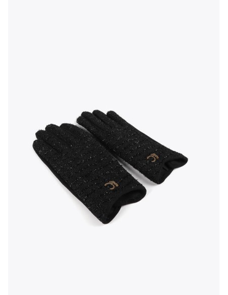 GUANTES-NEGRO-TWEED-AJUSTADO-LOGO-DORADO-LOLA-CASADEMUNT