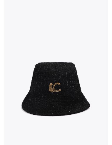 SOMBRERO-BUCKET-NEGRO-TWEED-LOGO-DORADO-LEOPARDO-LOLA-CASADEMUNT