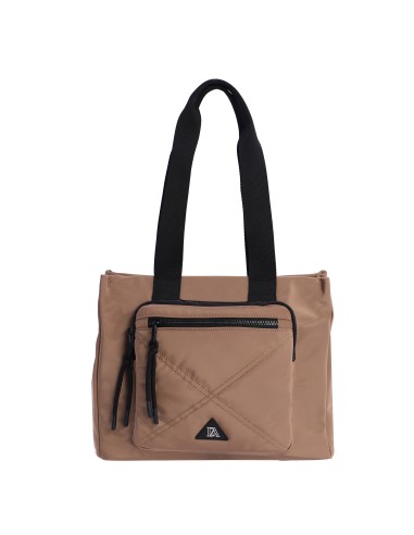 BOLSO-DOS-ASAS-HOMBRO-CAMEL-COMPARTIMENTOS-FRONTALES-TRASERO-DETALLES-NEGRO-DON-ALGODÓN