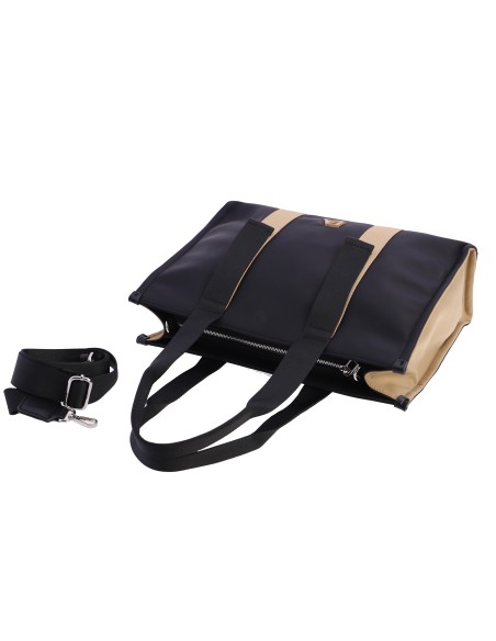 BOLSO-SHOPPER-NEGRO-CONBINADO-BEIGE-NYLON-ASAS-HOMBRO-ASA-BANDOLERA-TALINA-DON-ALGODÓN