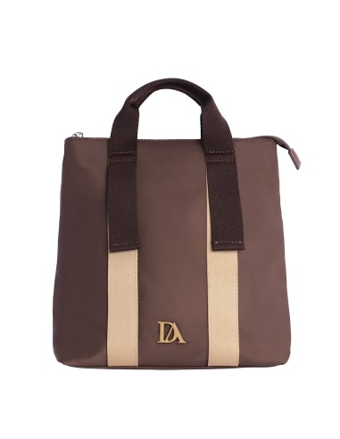 MOCHILA-MARRÓN-DETALLES-BEIGE-DOS-ASAS-MANO-ASAS-REGULABLES-TRASERAS-HELENA-DON-ALGODÓN