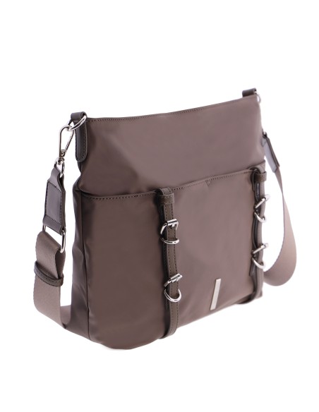 BANDOLERA-NYLON-TAUPE.DETALLES-PLATA-COMPARTIMENTO-TRASERO-TUNDRA-DON-ALGODÓN