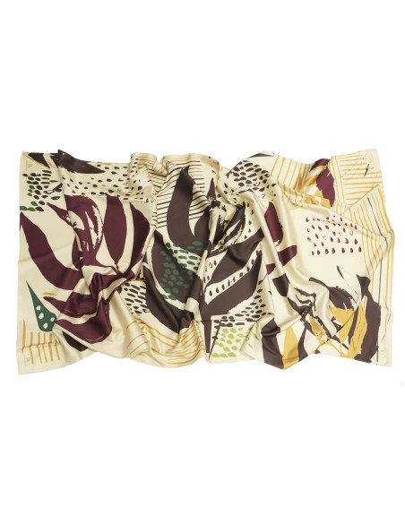 PAÑUELO-RECTANGULAR-ESTAMPADO-HOJAS-COLORES-OTOÑALES-MARRÓN-BEIGE-OCRE-DON-ALGODÓN