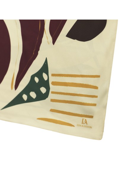 PAÑUELO-RECTANGULAR-ESTAMPADO-HOJAS-COLORES-OTOÑALES-MARRÓN-BEIGE-OCRE-DON-ALGODÓN