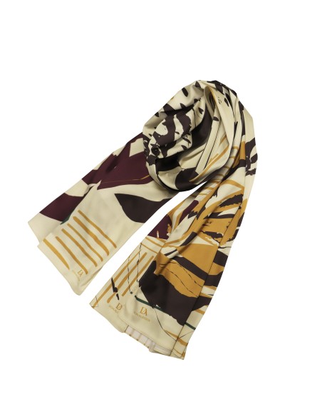 PAÑUELO-RECTANGULAR-ESTAMPADO-HOJAS-COLORES-OTOÑALES-MARRÓN-BEIGE-OCRE-DON-ALGODÓN