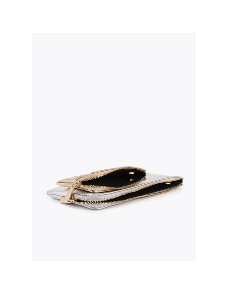 MONEDERO-DOBLE-PLATEADO-DORADO--ASA-MANO-COLGANTE-LOGO-OVALADO-CIERRE-CREMALLERA-LOLA-CASADEMUNT