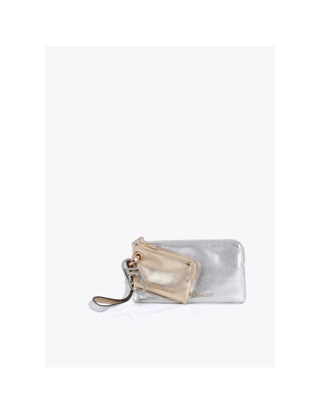 MONEDERO-DOBLE-PLATEADO-DORADO--ASA-MANO-COLGANTE-LOGO-OVALADO-CIERRE-CREMALLERA-LOLA-CASADEMUNT