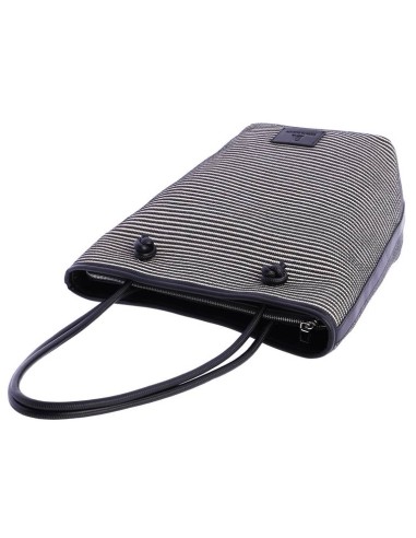 SHOPPER-BICOLOR.RAYAS-HORIZONTALES-NEGRAS-BLANCAS-ASAS-HOMBRO-LOGO-PARCHE-NEGRO-DON-ALGODÓN