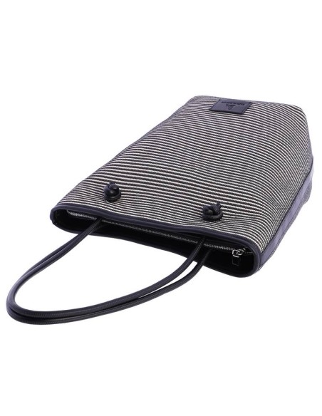 SHOPPER-BICOLOR.RAYAS-HORIZONTALES-NEGRAS-BLANCAS-ASAS-HOMBRO-LOGO-PARCHE-NEGRO-DON-ALGODÓN