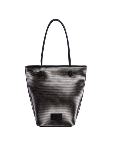 SHOPPER-BICOLOR.RAYAS-HORIZONTALES-NEGRAS-BLANCAS-ASAS-HOMBRO-LOGO-PARCHE-NEGRO-DON-ALGODÓN