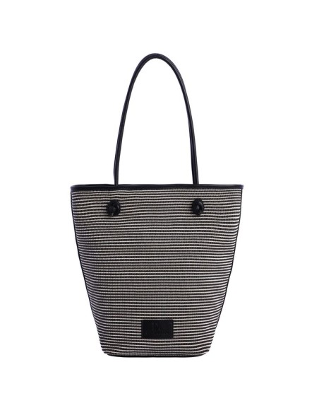 SHOPPER-BICOLOR.RAYAS-HORIZONTALES-NEGRAS-BLANCAS-ASAS-HOMBRO-LOGO-PARCHE-NEGRO-DON-ALGODÓN