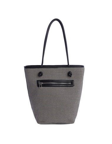 SHOPPER-BICOLOR.RAYAS-HORIZONTALES-NEGRAS-BLANCAS-ASAS-HOMBRO-LOGO-PARCHE-NEGRO-DON-ALGODÓN