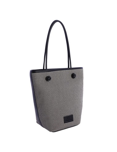 SHOPPER-BICOLOR.RAYAS-HORIZONTALES-NEGRAS-BLANCAS-ASAS-HOMBRO-LOGO-PARCHE-NEGRO-DON-ALGODÓN