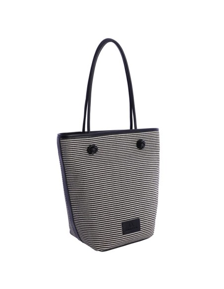 SHOPPER-BICOLOR.RAYAS-HORIZONTALES-NEGRAS-BLANCAS-ASAS-HOMBRO-LOGO-PARCHE-NEGRO-DON-ALGODÓN
