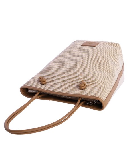 SHOPPER-BICOLOR.RAYAS-HORIZONTALES-BEIGE-BLANCAS-ASAS-HOMBRO-LOGO-PARCHE-MARRÓN-DON-ALGODÓN